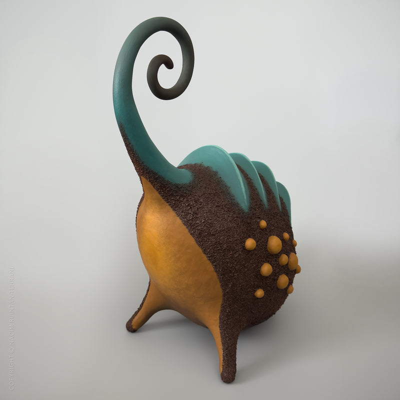 Details of the mixed media sculpture, Felicity by artist Nacim Ruintan-Tehrani, showing different angles of the artwork. 