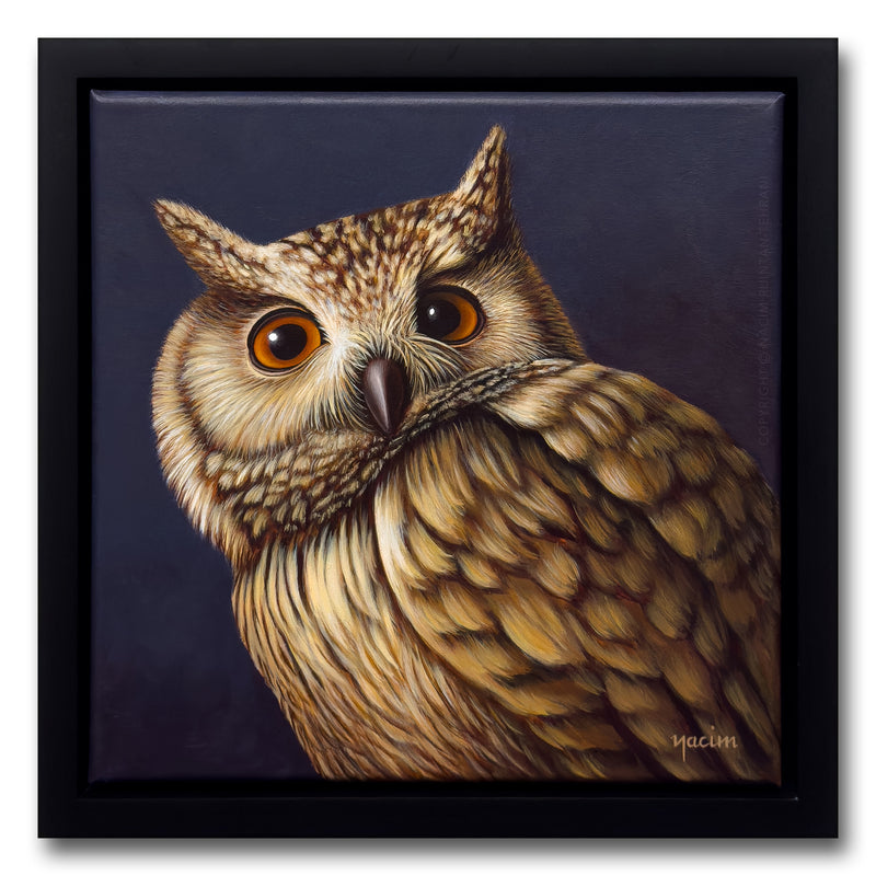 Wise Old Owl (framed), original acrylic painting for sale by artist Nacim Ruintan-Tehrani.