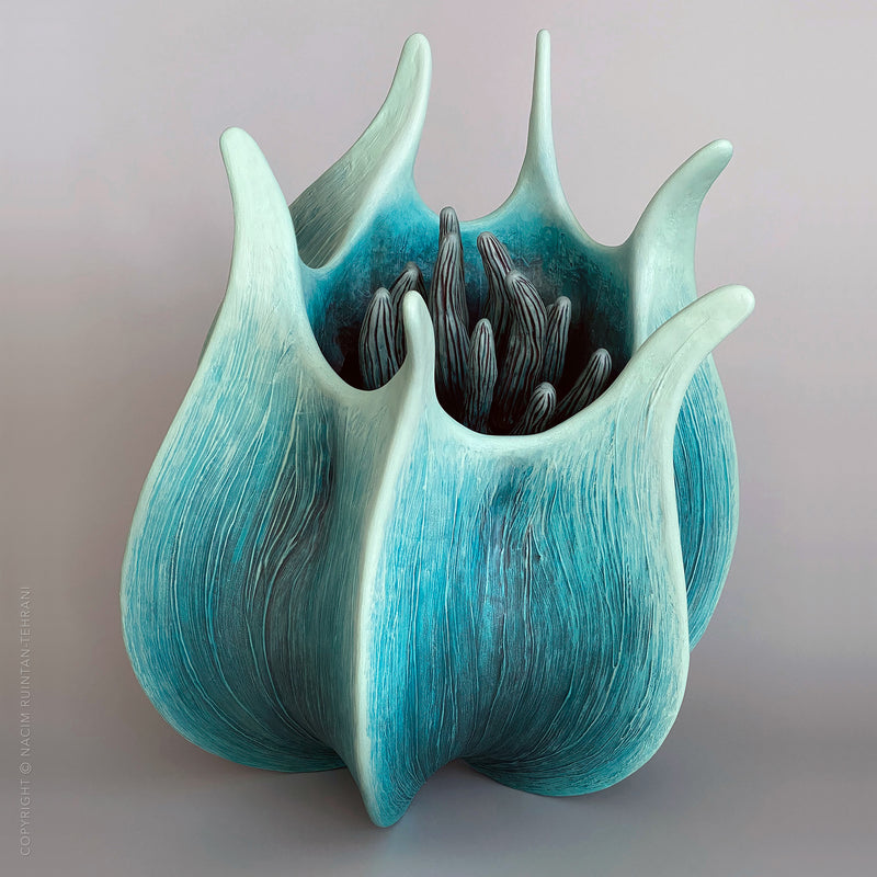 Aqua bloom, mixed media sculpture for sale by artist Nacim Ruintan-Tehrani.