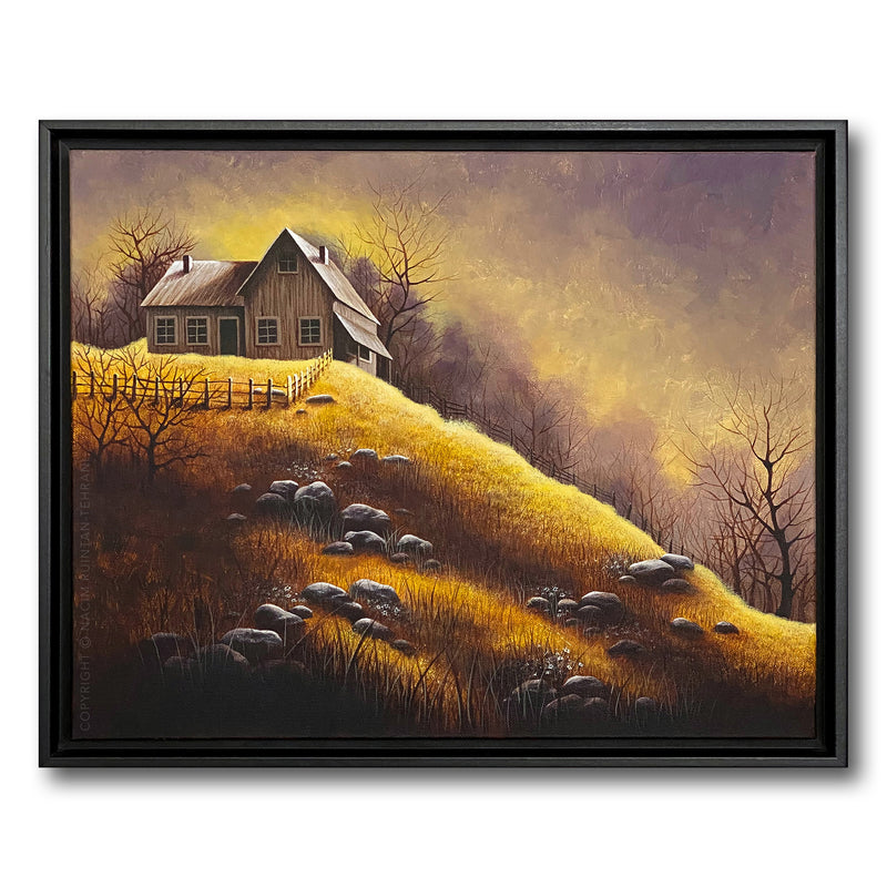 Golden hills, original acrylic painting for sale by artist Nacim Ruintan-Tehrani.