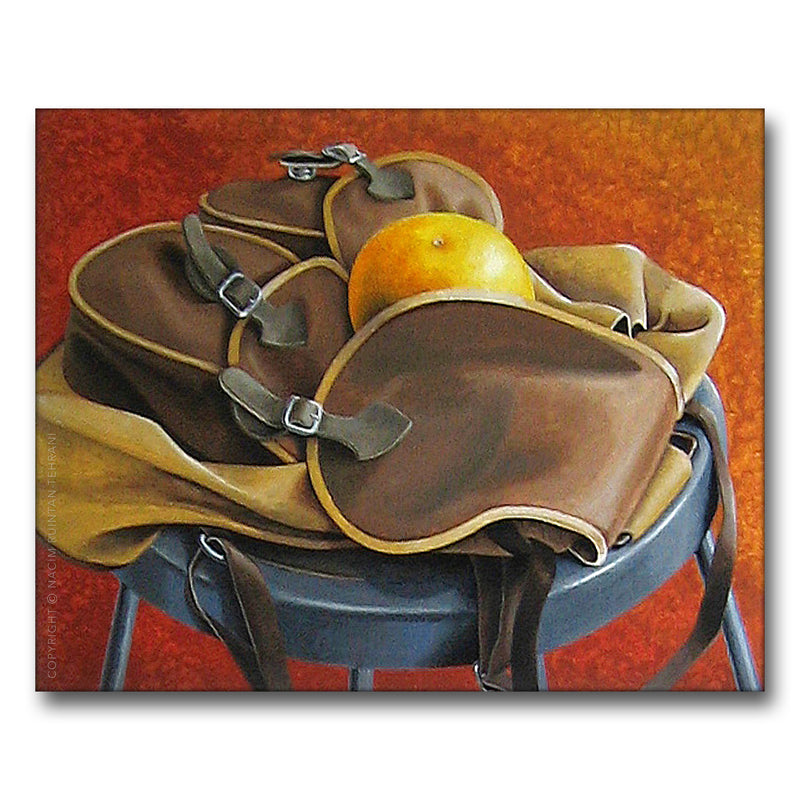 My old backpack, original acrylic painting for sale by artist Nacim Ruintan-Tehrani.