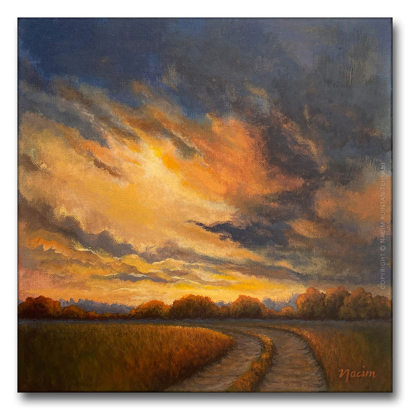 Golden sunset, original acrylic painting for sale by artist Nacim Ruintan-Tehrani.