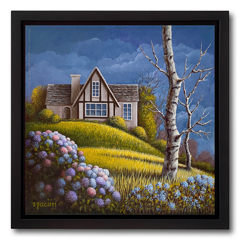 House up on the hill (framed), custom pet portrait artist Nacim Ruintan-Tehrani.