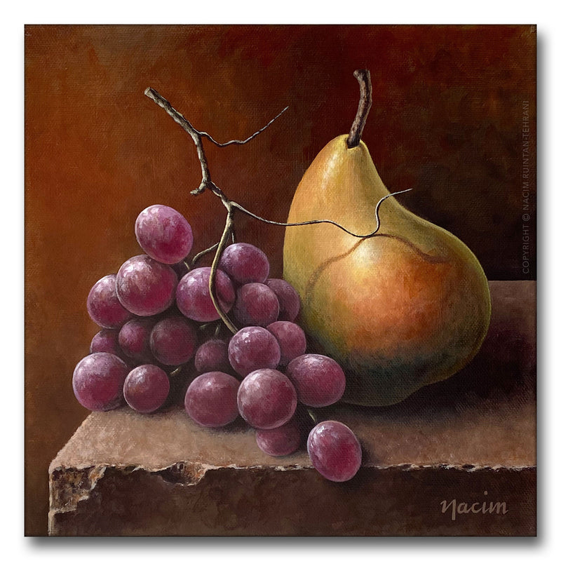 Calm the blushing pear, original acrylic painting for sale by artist Nacim Ruintan-Tehrani.