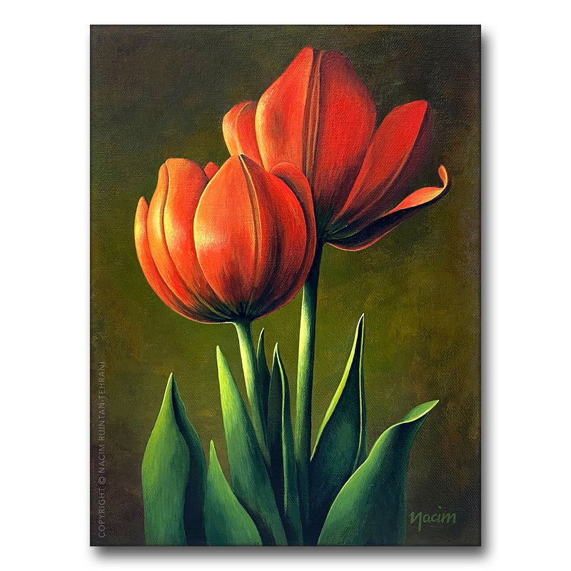 Graceful scarlet duo, original acrylic painting for sale by artist Nacim Ruintan-Tehrani.