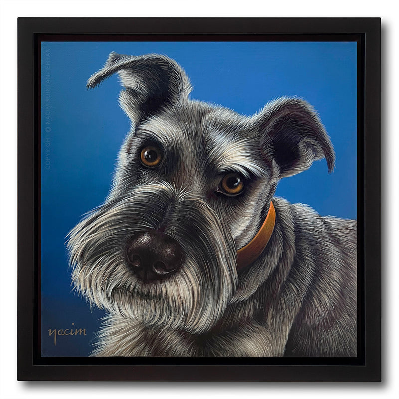 Sweet Riley (framed), custom pet portrait artist Nacim Ruintan-Tehrani.