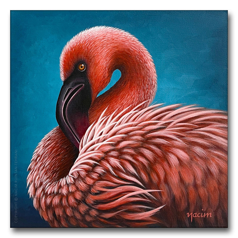 Pink Flamingo, original acrylic painting for sale by artist Nacim Ruintan-Tehrani.