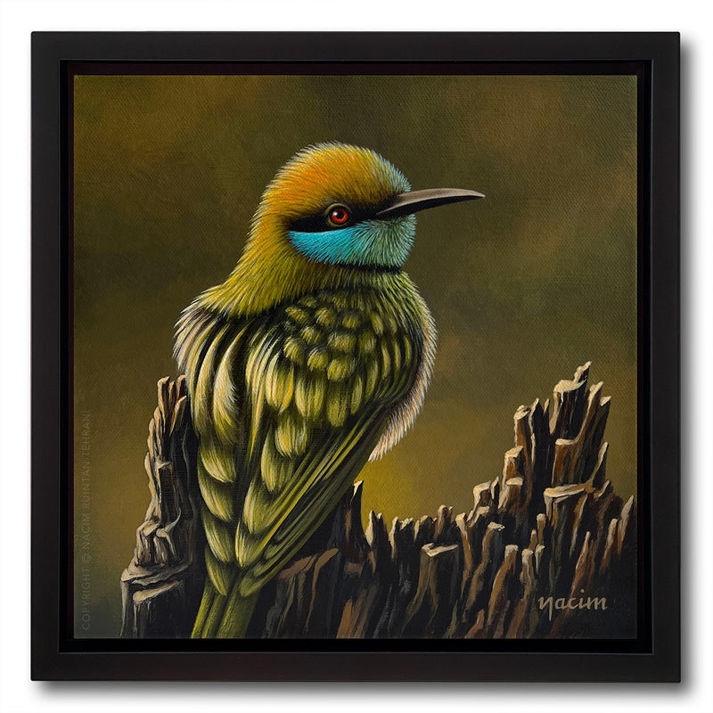 Little Green Bee-Eater (framed), original acrylic painting for sale by artist Nacim Ruintan-Tehrani.